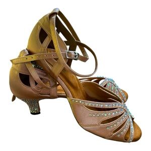 New Elegant Champagne and Silver Dance Heels with Ankle Straps Suede Sole Sz 8.5